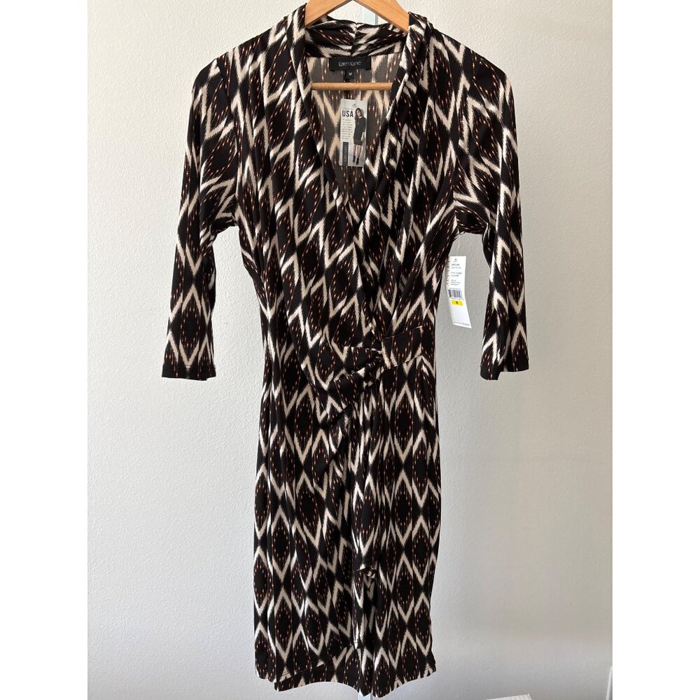 NWT Karen Kane Dress Size M Boho Chic Solar Ikat Faux Wrap Gold Sun Brown Black - Picture 16 of 16